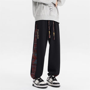 8XL-M民族拼接刺绣束脚卫裤男冬加绒加厚大码运动裤KZ024P45图片