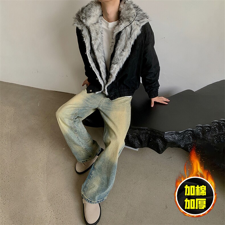 现货高品质美式高街重磅狼王座山雕毛毛领假两件棉衣加厚棉服外套，男装棉衣，电商A486-1