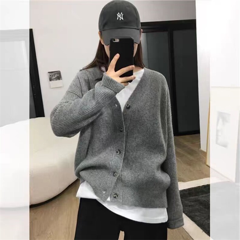 秋冬V领100纯羊毛针织开衫女宽松百搭加厚毛衣外套显瘦羊绒衫外搭，女装羊毛衫，旭驰羊绒