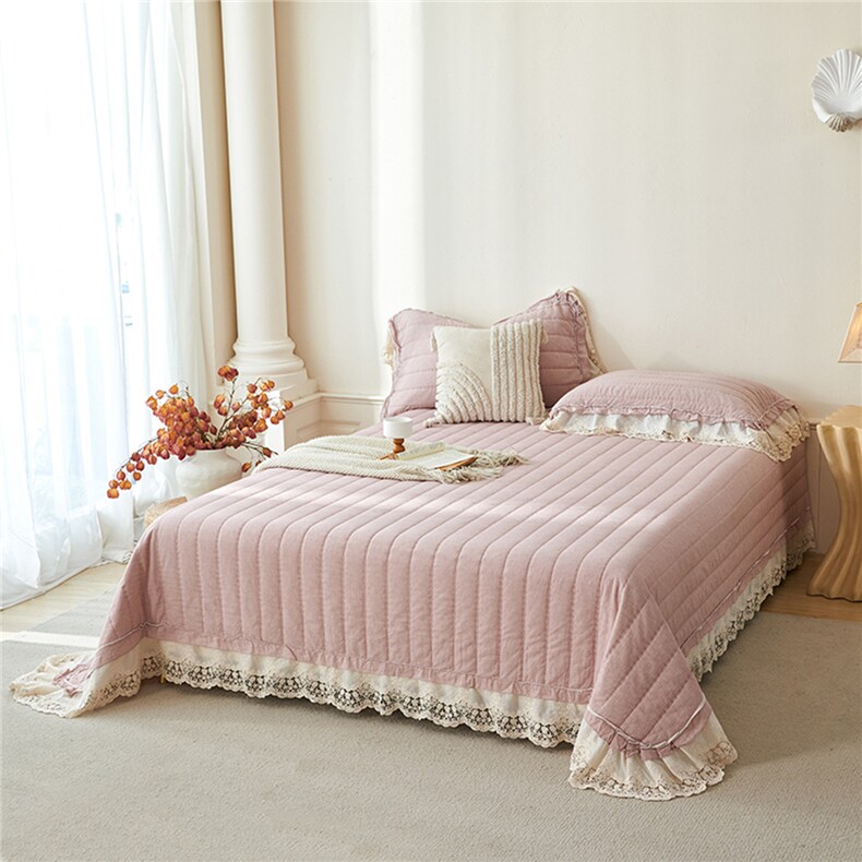 2025新款舒适麻棉麻蕾丝花边床盖三件套，床品套件，一起卖家纺