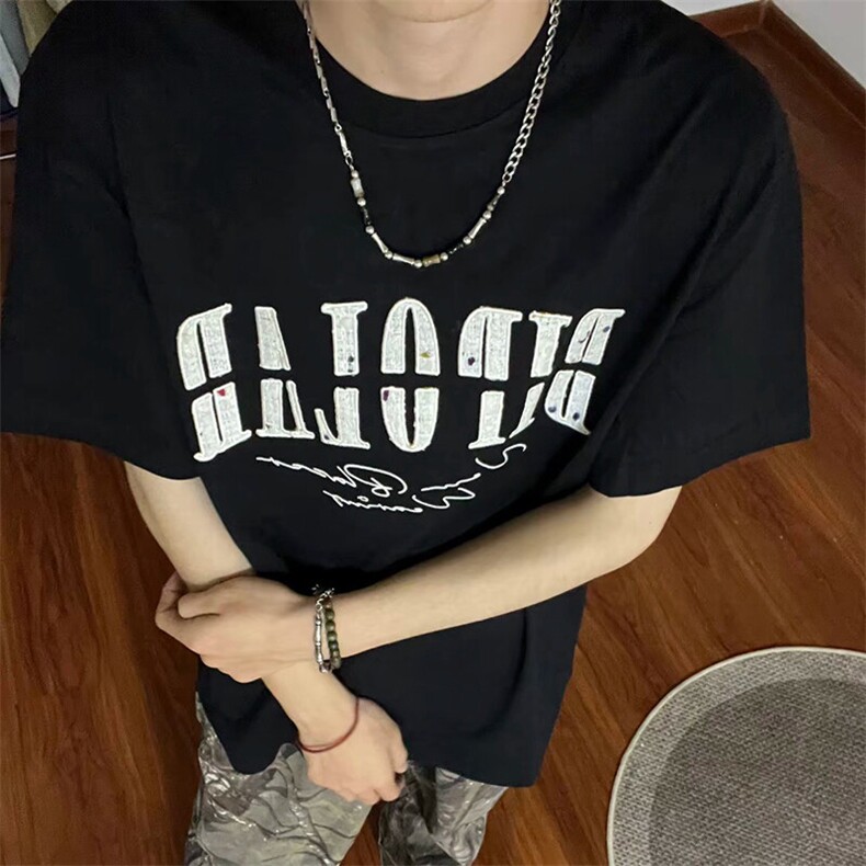 万针全刺绣工艺抖音得物高品质260克重磅纯棉双纱美式高街短袖T恤,男装T恤,电商A486-1