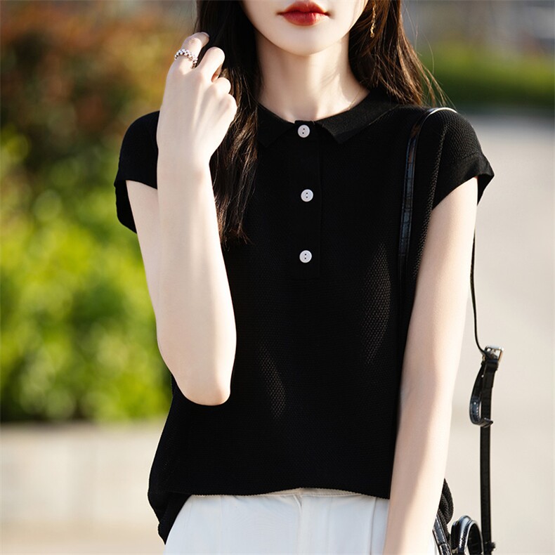 POLO领针织条纹短袖T恤女夏季薄款时尚减龄百搭显瘦撞色翻领上衣,针织衫/毛衣,片语羊绒