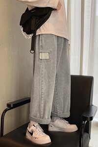 K716-P55      秋季港风大码松紧破洞牛仔裤男直筒老爹裤拖地裤图片