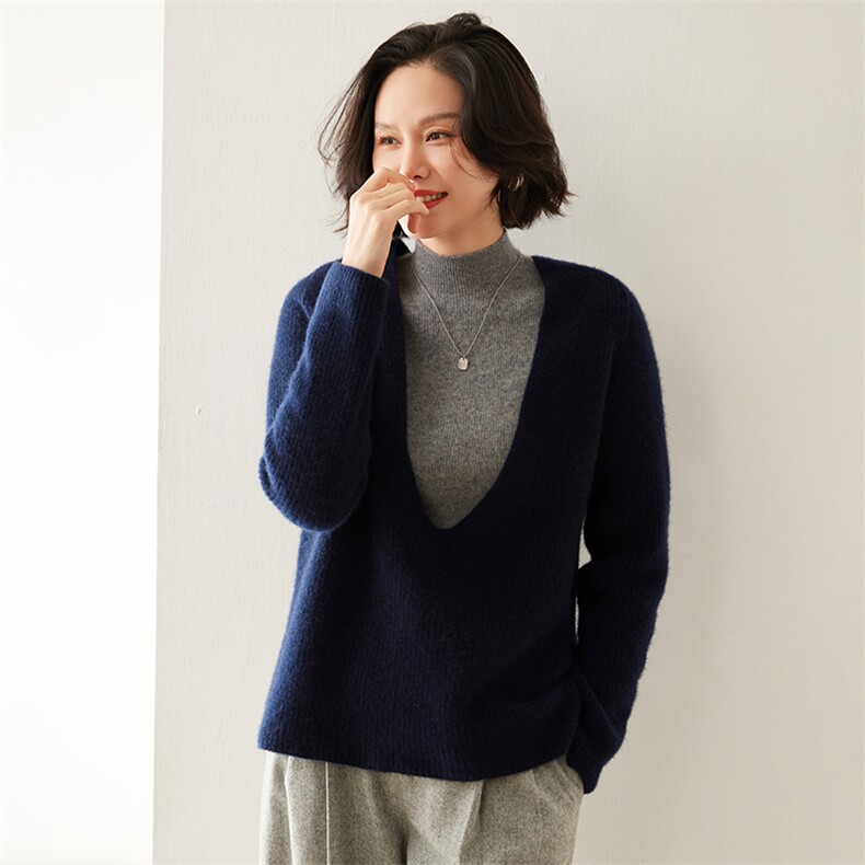 秋冬季新款V领35%羊绒衫女宽松低领时尚百搭,女装羊绒衫,七柒羊绒