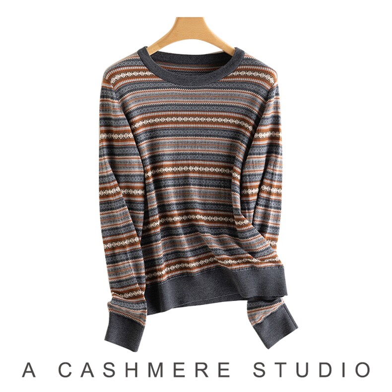 2025年秋季时尚百搭通勤简约休闲圆领费尔岛羊毛衫，女装羊毛衫，致织羊绒