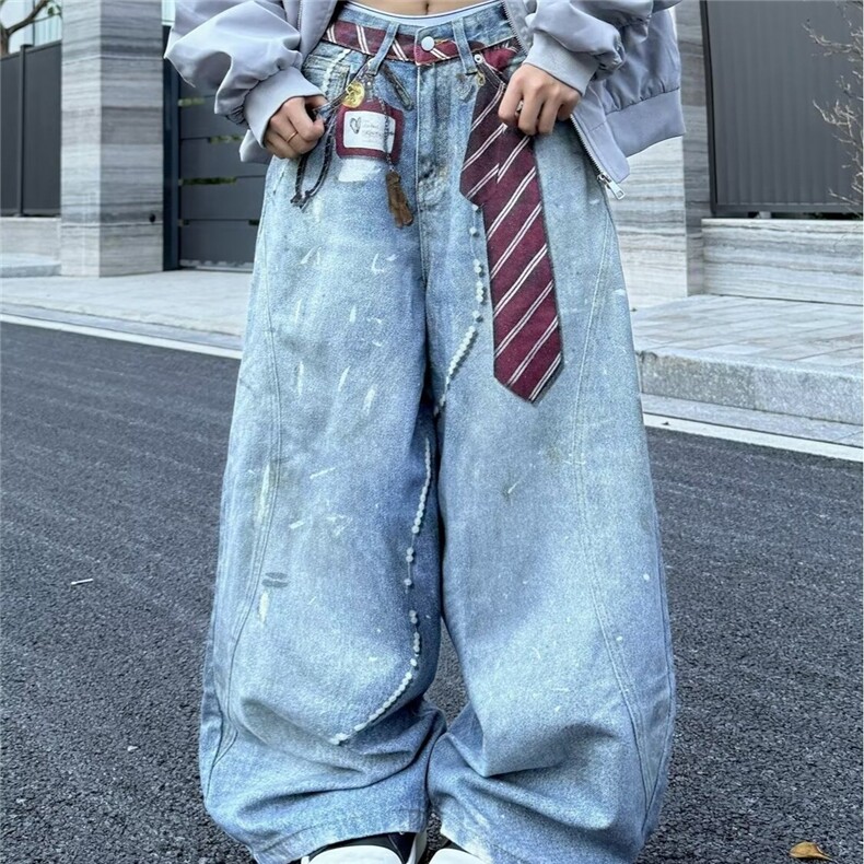 N9015-P58冰蓝色阔腿牛仔裤女秋季2025年高腰显瘦百搭高级感宽松，男装牛仔裤，电商B323A
