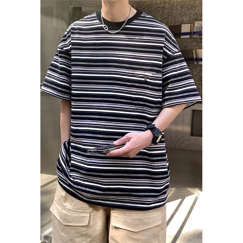 1港风条纹短袖T恤大码M-5XL立体口袋设计短袖T恤男DT8768P40控59,男装T恤,星座226-2