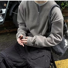 圆领华夫格打底衫男春秋季半拉链慵懒风休闲宽松内搭长袖T恤上衣，男装T恤，星座506A