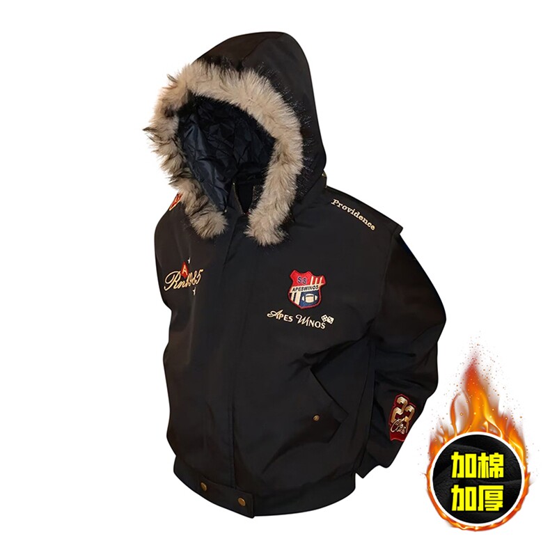 现货高品质美式高街重磅刺绣座山雕大毛毛领棉衣男女加厚棉服外套，男装棉衣，电商A486-1