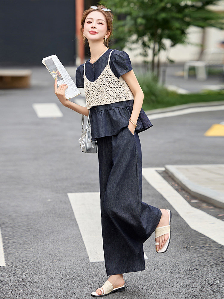 牛仔套装女2025夏季新款韩版宽松显瘦阔腿裤镂空吊带三件套,商品下架区,韩然一族
