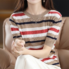 夏季撞色半袖T恤女宽松休闲拼色复古纯棉短袖亚麻针织上衣，女装针织衫/毛衣，美吧服饰