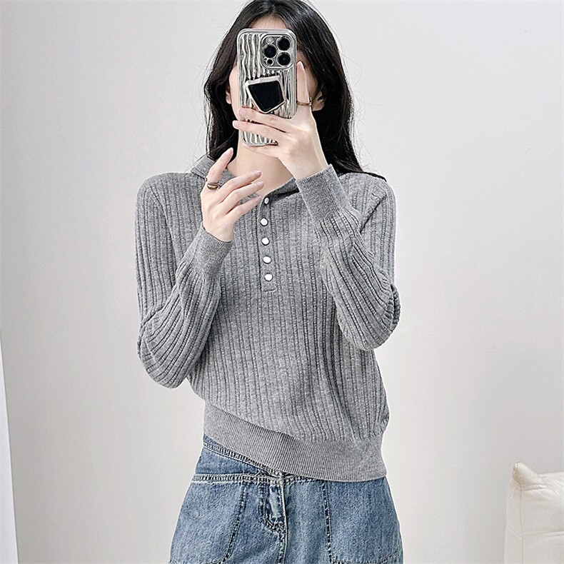 秋冬季羊毛竖条纹简约休闲连帽羊毛衫，女装羊毛衫，米莲尼羊绒