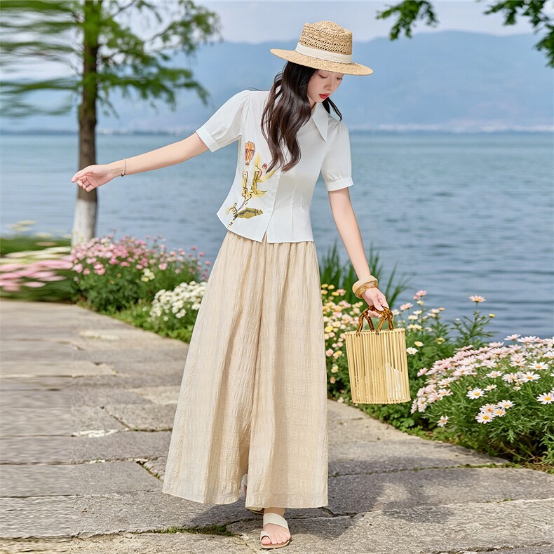 轻熟风时尚小翻领衬衫套装女2026夏气质印花上衣裙裤优雅两件套,女装套装/套裙,水衣源
