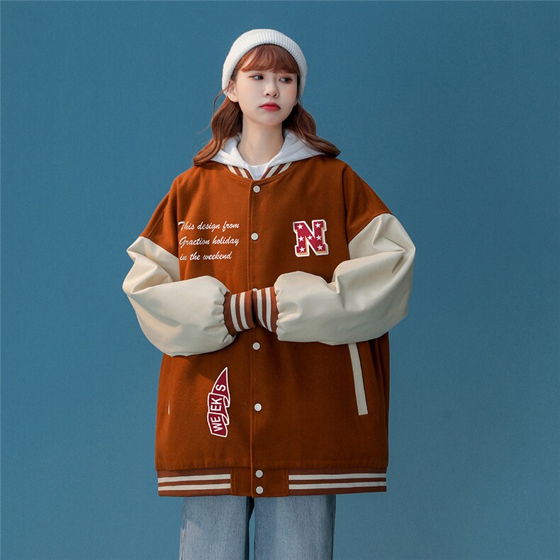 中性风23春季潮牌字母印花pu皮翻领棒球服夹克外套G642P85控108,男装夹克,A247A