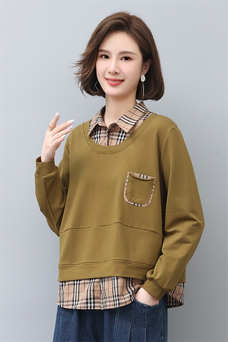 时尚宽松加厚保暖女装卫衣舒适百搭格子拼接设计适合秋冬季节穿着,女装卫衣/绒衫,叶笙衣