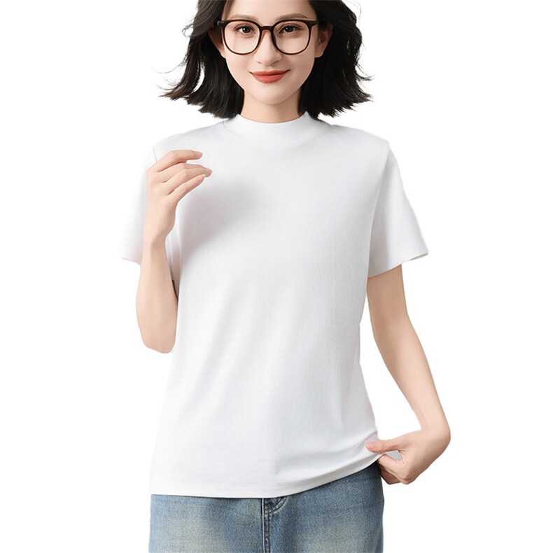 简约风液氨纯棉短袖T恤女2025新款宽松显瘦正肩t恤立领半袖打底衫,女装T恤,元素羊绒