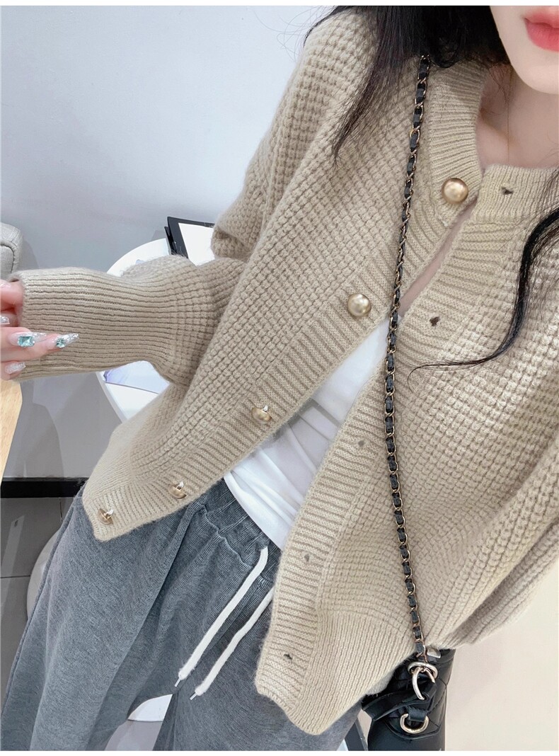 时尚百搭短款圆领针织开衫女春秋新款长袖宽松显瘦毛衣外套,女装羊毛衫,百纯羊绒