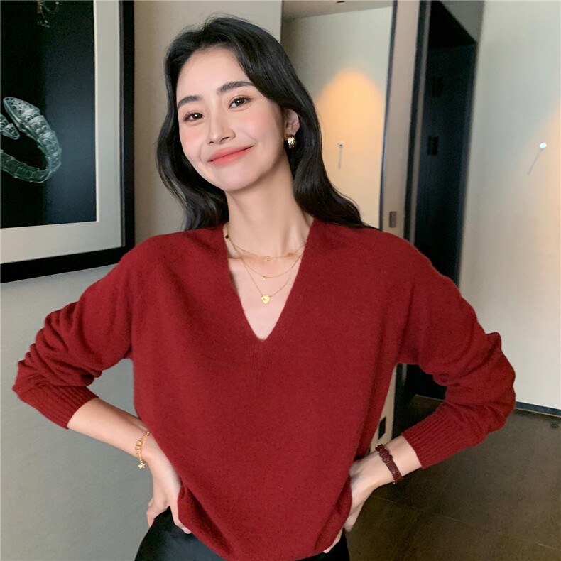 2025秋冬百搭时尚简约v领长袖内搭纯色针织衫,女装羊绒衫,玛卡隆羊绒