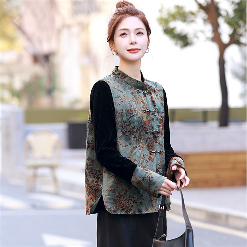 新中式撞色丝绒长袖T恤女春秋设计小众拼接提花打底复古气质上衣,女装T恤,雪樱依海