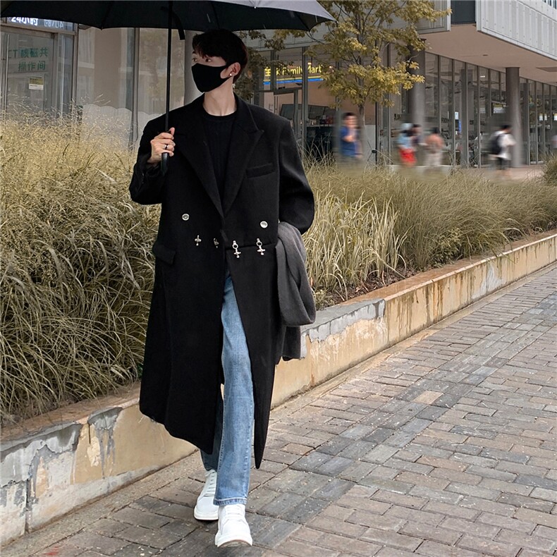 现货毛呢大衣金属飞机扣设计加棉加厚长款风衣外套男H908P138，男装风衣，电商A341