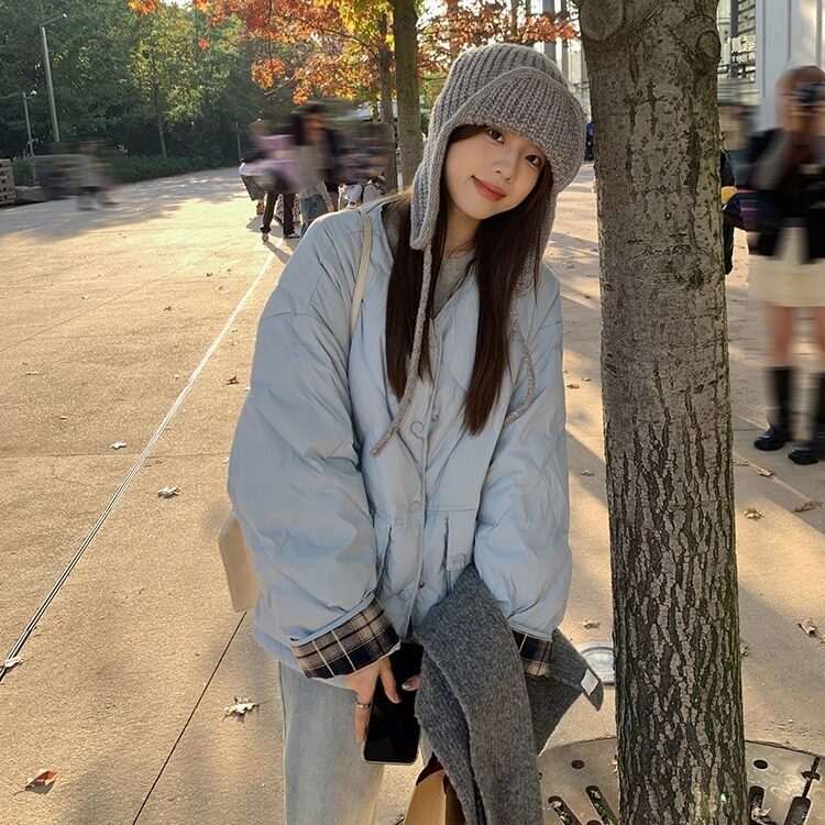 乌77韩系圆领棉衣外套女冬季复古格子拼接小个子棉服上衣,男装棉衣,星座506A