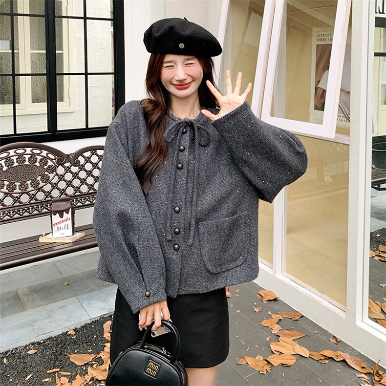 高级小众韩版系带圆领亮片毛呢外套女秋冬超火好看加厚短夹克上衣图片