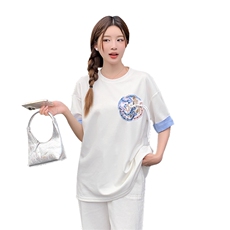 夏季新款定制凤凰刺绣T恤女宽松显瘦对扣中式上衣，女装T恤，鑫慧