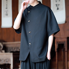 现货男士大码风立领纯色斜开门襟个性短袖衬衫T2522-P60控89，男装T恤，电商A021