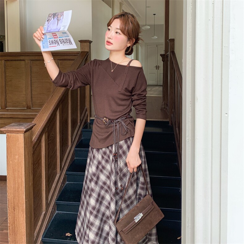 精针织衫+格子半身裙两件套装2C267-925两件套p165-k238，女装套装/套裙，茵姿媚