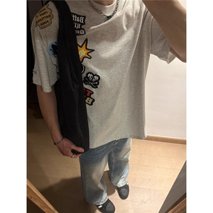 美式趣味logo刺绣短袖T恤男女夏季宽松重磅情侣上衣WLT6054-p40图片