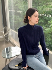 时尚新款开衫女翻领纯色毛衣修身拉链针织外套，女装针织衫/毛衣，玛卡隆羊绒