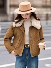 现货2025年冬季新款麂皮绒加棉棉衣羊羔毛毛领时尚棉衣，女装棉衣/棉服，悦祺