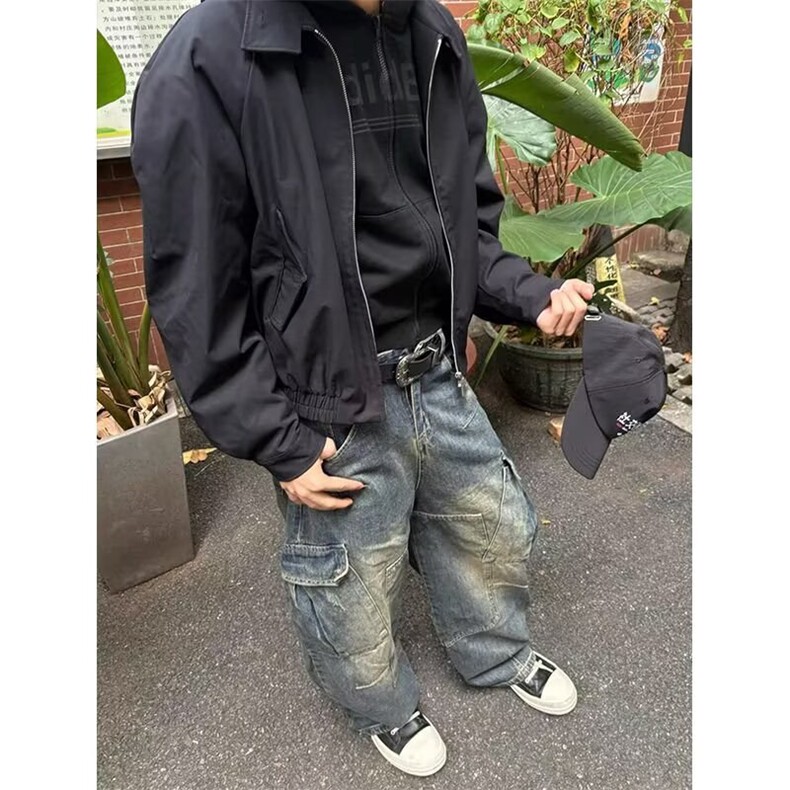 美式水洗解析多口袋弯刀牛仔裤男女高街直筒阔腿工装裤子NZU102,男装牛仔裤,星座516A