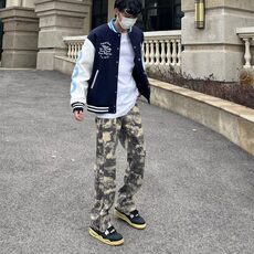 美式迷彩裤子男春夏宽松阔腿休闲工装裤直筒潮牌时尚复古牛仔裤男，男装牛仔裤，星座506A
