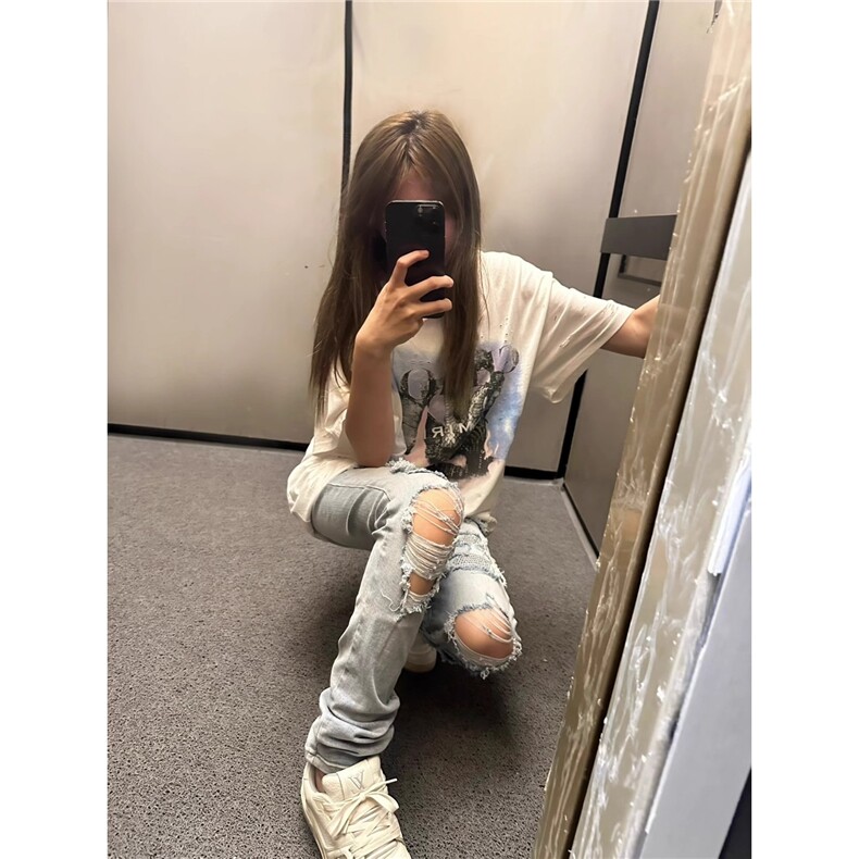设计款破洞牛仔裤男修身小脚2025秋冬季新款潮流印花休闲裤子,男装牛仔裤,星座218-1（原230）
