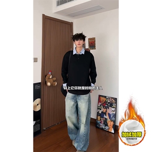重磅加绒硬挺boxy男女美式高街假两件衬衫领长袖卫衣POLO领打底衫图片