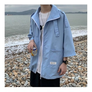 防晒薄款外套男夏季新款港风帅气青年宽松休闲高级七分袖拉链寸衫图片