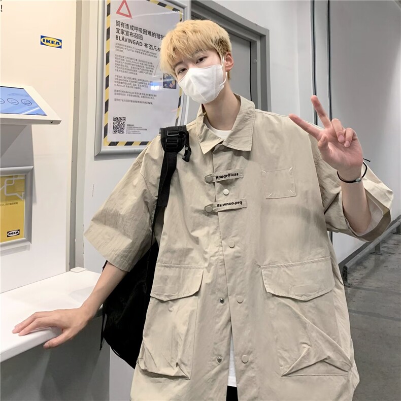 日系复古多口袋工装短袖衬衫男潮牌宽松情侣休闲衬衣CY350-P43,男装T恤,星座412