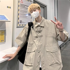 日系复古多口袋工装短袖衬衫男潮牌宽松情侣休闲衬衣CY350-P43，男装T恤，星座412