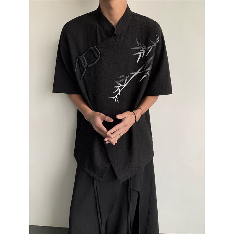 25新中式男士设计感盘扣竹叶丝滑短袖衬衫CS143-P78,男装T恤,电商B288