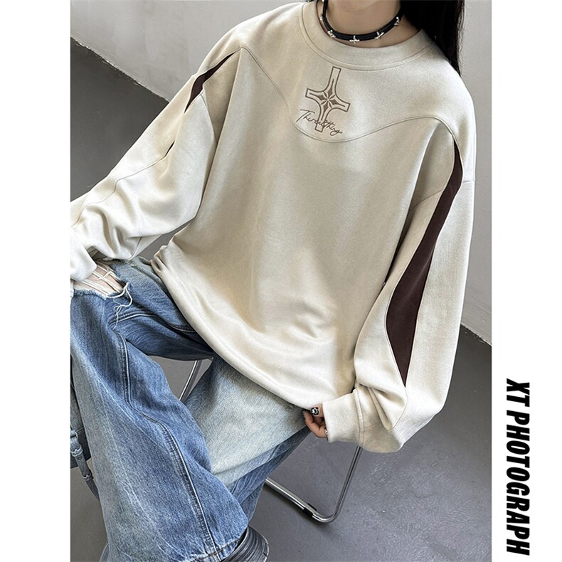 主推美式复古麂皮绒绣花圆领中性卫衣宽松外套男女D365P58，女装短外套，电商A335-1（原A458）