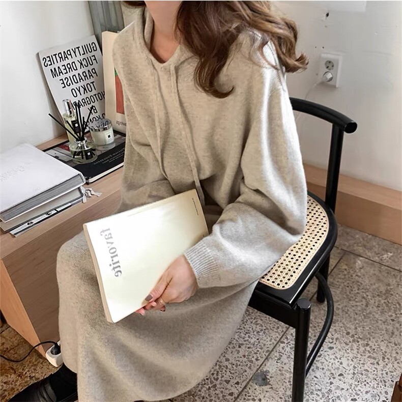 连帽毛衣女秋冬2024新款宽松慵懒风针织衫连衣裙,女装连衣裙,思途羊绒