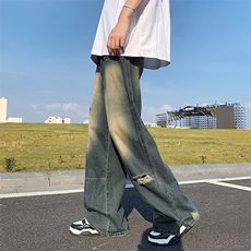 复古美式高街设计感直筒牛仔裤简约风破洞高腰阔腿裤宽松拖地裤子，男装牛仔裤，四季星座218-1