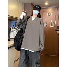 假两件亨利领长袖t恤男2025新款打底衫宽松上衣服25XW99563特批30，男装T恤，电商A042