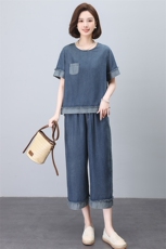 休闲牛仔套装女装2025夏装新款减龄中年时尚妈妈小个子穿搭两件套，女装套装/套裙，悦见她