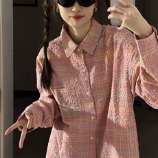 TC623-P45复古粉色格纹少女感衬衫休闲韩系chic港味上衣外套，女装衬衫，星座617A-2