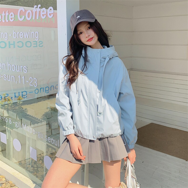 现货新款春秋百搭宽松时尚休闲上衣连帽风衣短外套女,女装短外套,韩蔻秀