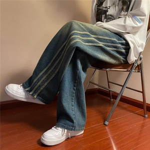 春秋季美式复古水洗做旧侧条纹宽松直筒牛仔裤男款微喇叭拖地裤子图片