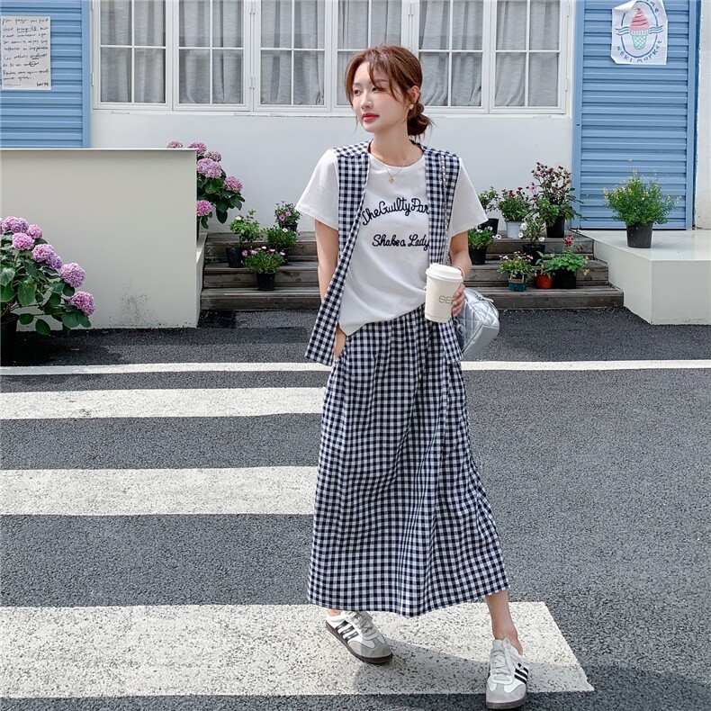 韩系学院风字母刺绣上衣套装女2025夏季新款格纹披肩半身裙两件套,女装套装/套裙,2C233