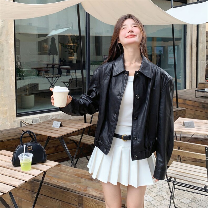 美式复古黑色皮衣小外套女春秋超火好看又酷又飒机车服短夹克上衣,女装皮衣,2D143